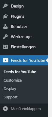 Feeds for YouTube Menü eintrag