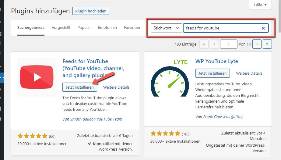 Suche und installation vom Plugin feeds for youtube